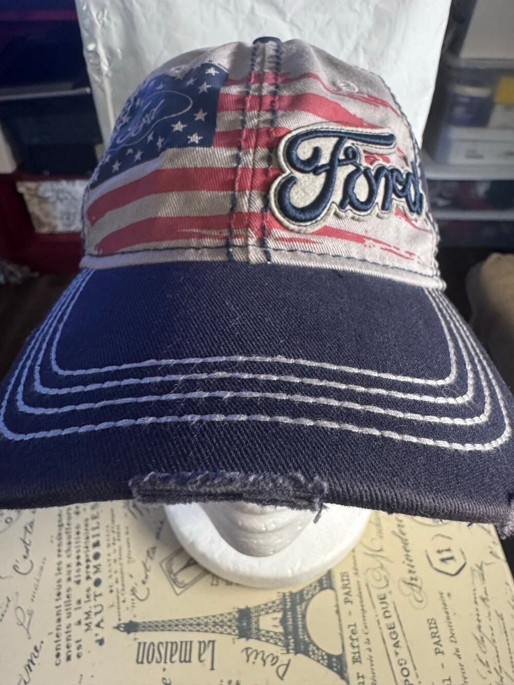 Ford American Flag Distressed Hat Adjustable Strapback Patriotic USA H3 Trucker